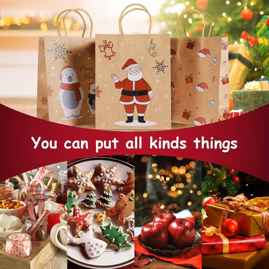 リサイクル可能なカスタム フラット トップ ロープ ハンドル クリスマス ペーパー クラフト バッグ